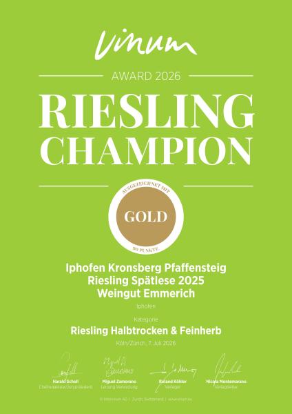 Riesling Champion GOLD Urkunde